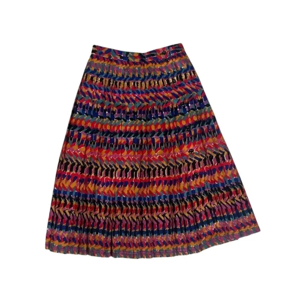Vintage 80s Jaeger Multicolor Abstract Pleated Midi Skirt Great Britain size S